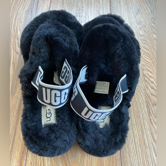 UGG Fluff Oh Yeah Black Slides Slippers Sandals Women's 10 Excellent Condition - Picture 6 of 10